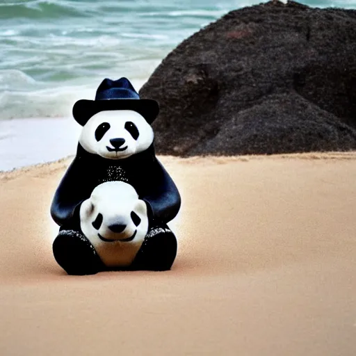 Prompt: photo of a panda wearing a cowboy hat and black leather jacket playing a guitar on a beach