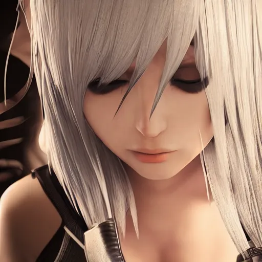 Image similar to 2 b nier automata hiding, 3 d render, unreal engine, octane render, ray tracing, unity, highly detailed, high quality, hd, 4 k, 8 k, realistic, sharp, trending