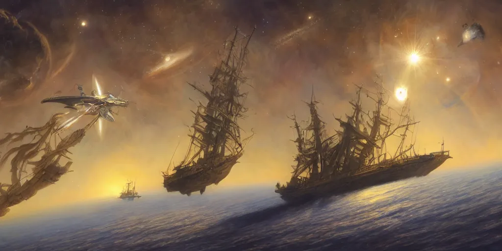 Image similar to Photorealistic epic science fiction painting of one solitary flying tall ship in space, flying past galaxies, by Rodney Matthews and Roger Dean. photorealism, UHD, amazing depth, glowing, golden ratio, 3D octane cycle unreal engine 5, volumetric lighting, cinematic lighting, cgstation artstation concept art