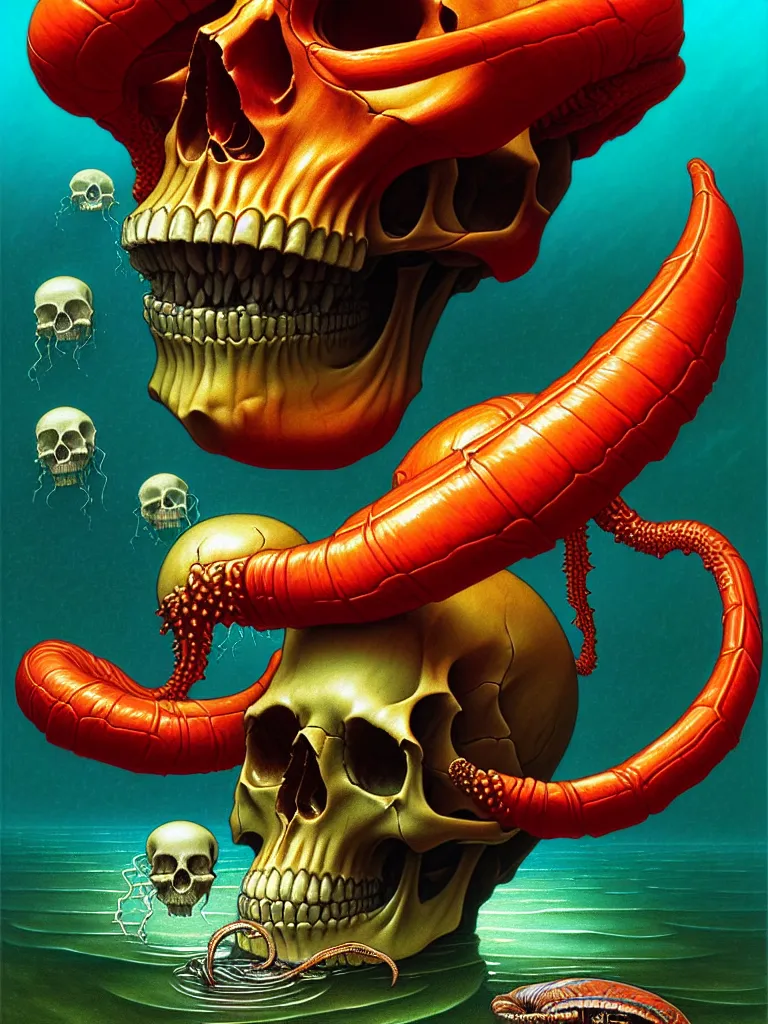 Prompt: a single skull in the sea by dan mumford and vladimir kush and donato giancola and ted withers and peter driben and william - adolphe bouguereau and roberto ferri, glowing red skull, blue jellyfish, green water, highly detailed, high contrast, intricate details, blended palette