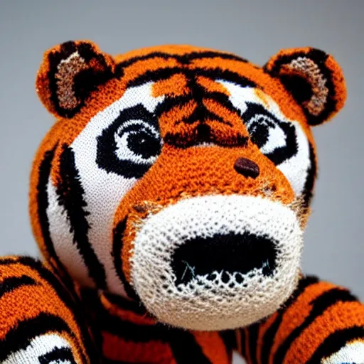 Prompt: a closeup photorealistic smiling knitted plush tiger from calvin and hobbes.