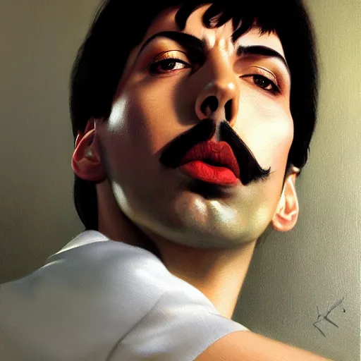 Image similar to of an ultradetailed beautiful portrait panting of freddie mercury, front view, oil painting, by ilya kuvshinov, greg rutkowski and makoto shinkai