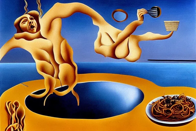 Image similar to olympic diver diving into a dish of pasta, detailed surrealist painting by salvador dali