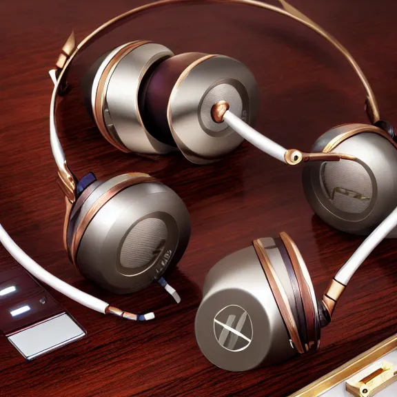 Image similar to masterpiece photo of beautiful crafted bismuth metal headphones, bismuth rainbow metal, bismuth cups, leather padding, displayed on mahogany desk, modernist headphones, bismuth headphones beautiful well designed, hyperrealistic, audiophile, intricate hyper detail, extreme high quality, photographic, meze audio, sennheiser, hifiman, artstation