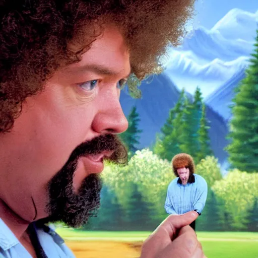 Image similar to a closeup photorealistic photograph of bob ross working on an image of kenny powers autographing a baseball on a canvas. mountains and trees. film still. brightly lit scene. this 4 k hd image is trending on artstation, featured on behance, well - rendered, extra crisp, features intricate detail, epic composition and the style of unreal engine.