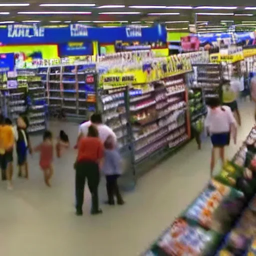 Image similar to cctv footage gang fight in walmart, high angle security camera feed, blurry and glitchy,