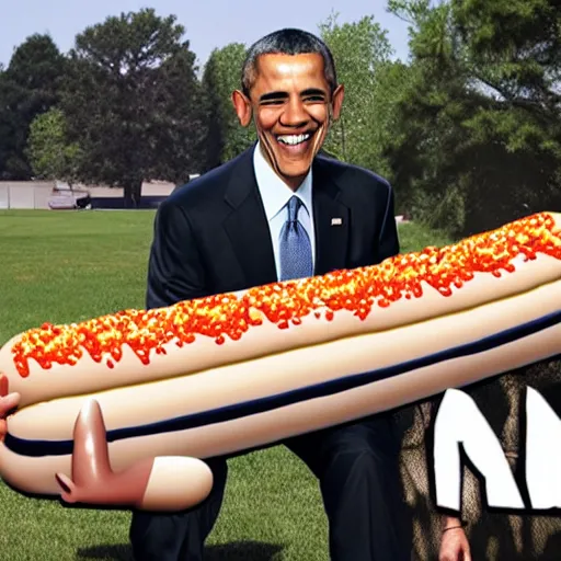 Image similar to barack obama eating a 1 0 0 foot hotdog