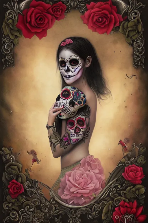 Prompt: illustration of a sugar skull day of the dead girl, art by tom bagshaw