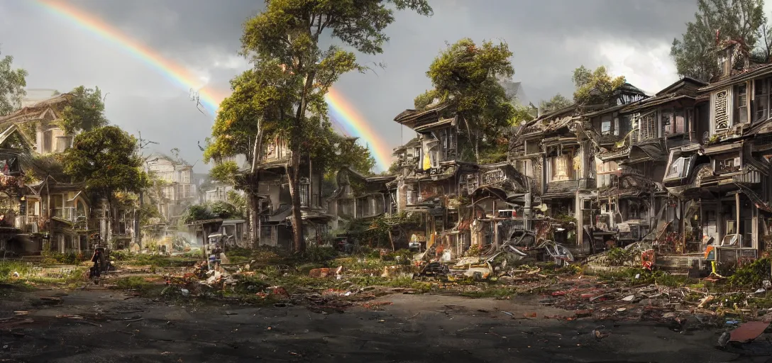 Prompt: A highly detailed crisp unreal engine render of A beautiful suburban townhouse city with overgrowth, perfect double rainbow in the sky, sunrays shine through the parted clouds, robot scraps on the ground, abandoned humanoid robots by wangchen-cg, 王琛,Neil blevins, by Greg Rutkowski, artstation, professional illustration, realistic, ultra detailed, atmospheric, cinematic lighting, movie concept art, hyper detailed, insanely detailed, corona render, octane render, colorful redshift render, 8k