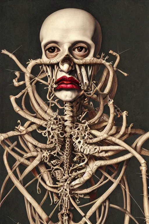 Image similar to Detailed maximalist portrait a Greek god with large lips and with large white eyes, exasperated expression, skeletal with extra fleshy bits, botany, HD mixed media 3d collage, highly detailed and intricate, surreal illustration in the style of Caravaggio, dark art, baroque