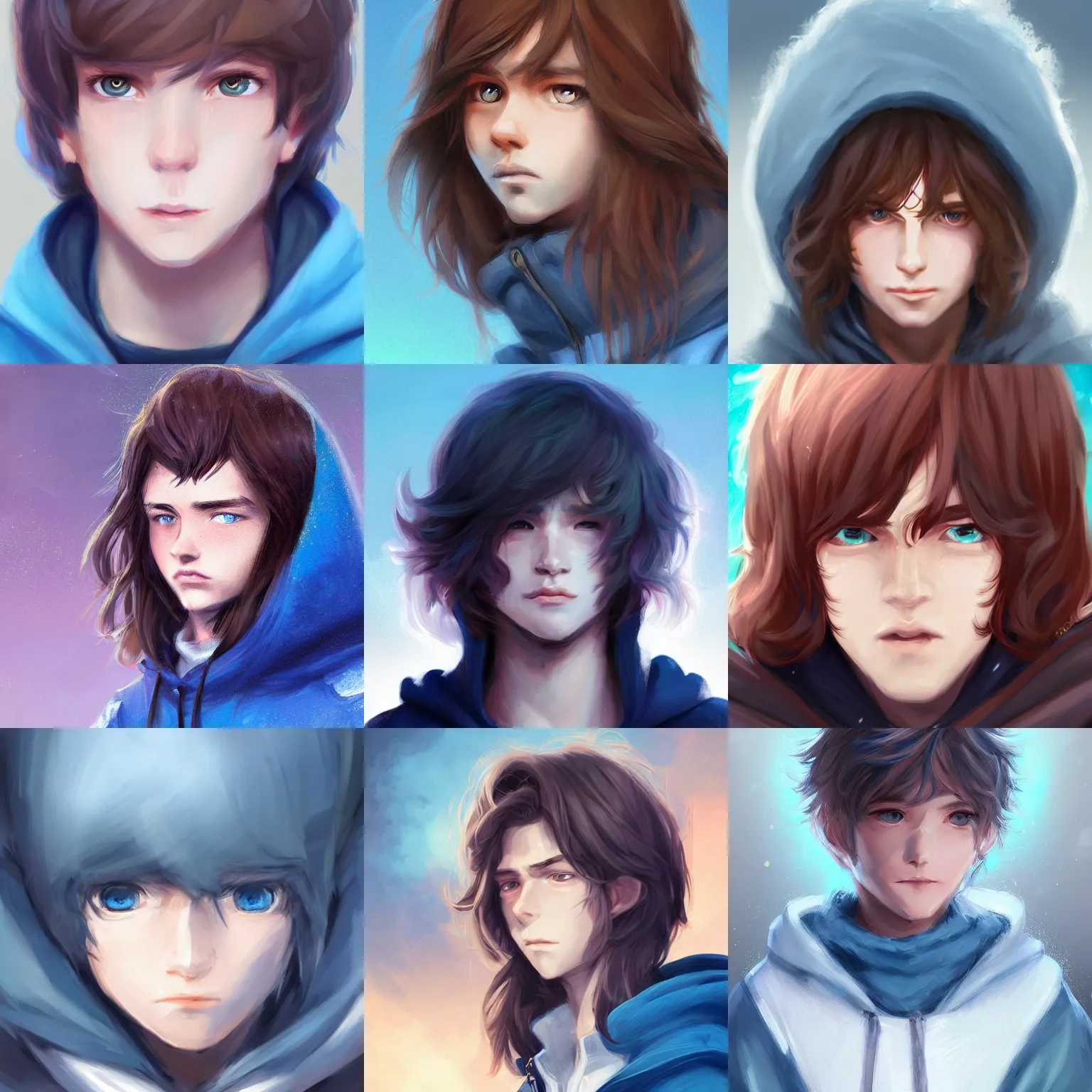 Prompt: concept art portrait of a boy with long fluffy brown hair, blue eyes, blue hoodie, blush. painterly digital art, artstation, deviant, anime, WLOP, rossdraws