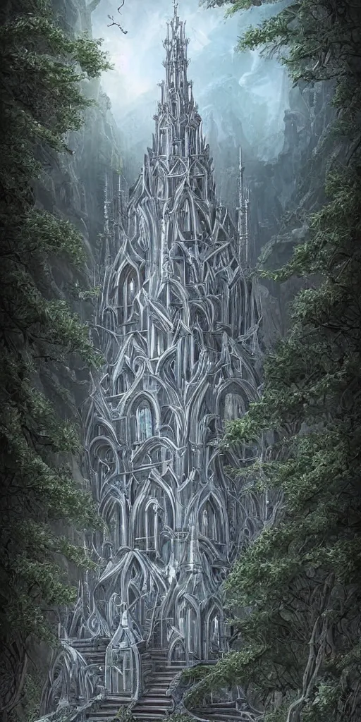 Image similar to elven architecture, tower made of silver, beautiful, tall, digital art