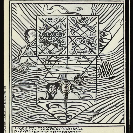 Prompt: Inverted Polynesian Way Starting out by William Hogarth and Lawren Harris theorem, speed works efficiently compared toaquatic cosmic ocean meat bell cell, by Schiele Beech and David Hocknet, tarot card,