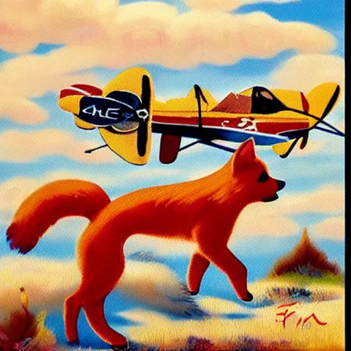 Image similar to 3 toy fox terriers flying a biplane, dog faces alert, beautiful painting, dappled fur pattern, style of tin tin