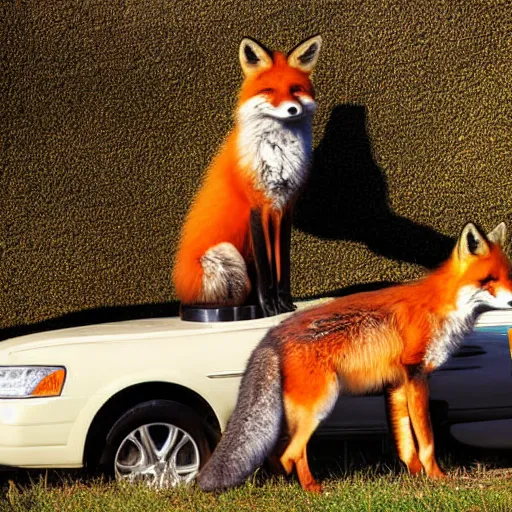 Prompt: fox animal stood next to a limousine, award winning photograph