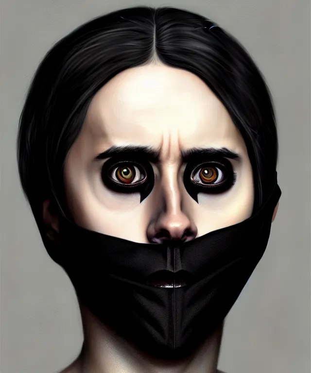 Image similar to jared leto with black fabric mask, short dark undercut hair, highly detailed face!!!, true anatomy!, extremely detailed!, digital painting, unreal engine 5, art by tom bagshaw