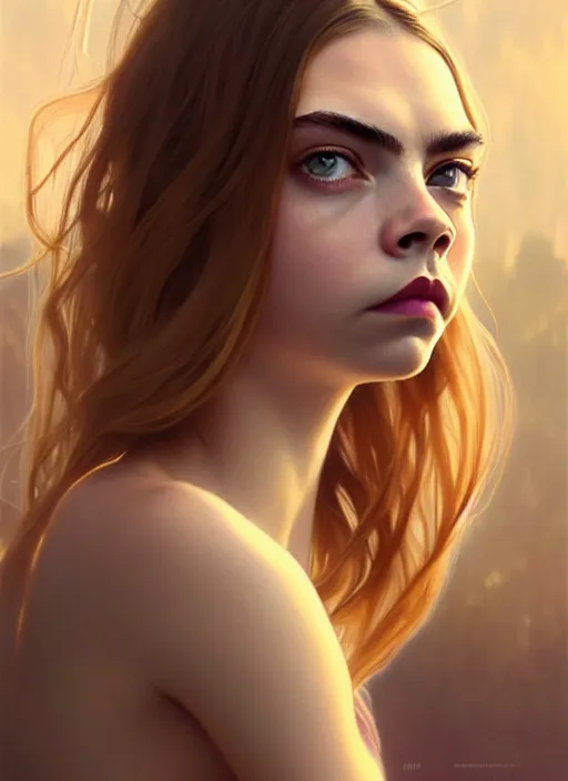 Image similar to half cara delevingne half Anya Taylor-Joy a pure gorgeous seductive angel, full body portrait, slight smile, diffuse natural sun lights, autumn lights, highly detailed, digital painting, artstation, concept art, sharp focus, illustration, art by wlop and greg rutkowski and alphonse mucha and artgerm