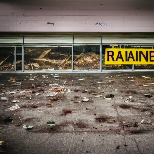 Image similar to a ransacked grocery store, broken signs, filthy flooring. Vines growing. Jpeg artifacts. Award-winning photo. Sigma 40mm f/1.4 DG HSM