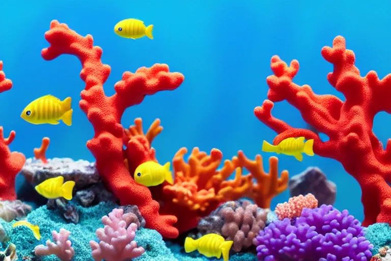 Prompt: fisher price coral reef, california, in 2 0 1 5, 8 k, scene from tv show hyper detailed 5 5 mm 8 5 mm, toy photography, made out of plastic