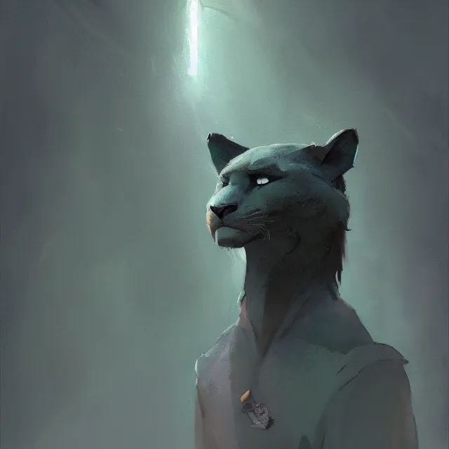 Image similar to a beautiful painting of a handsome anthropomorph gray panther furry fursona. green fog. disney character design by cory loftis, fenghua zhong, ryohei hase, ismail inceoglu and ruan jia. artstation, volumetric light, detailed, photorealistic, rendered in octane