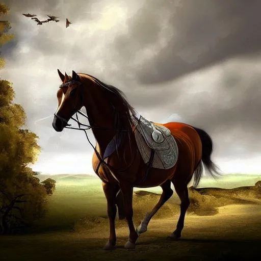 Prompt: plano general de un caballero montado a caballo, colina de fondo con castillo medieval. digital art, art station, realista,