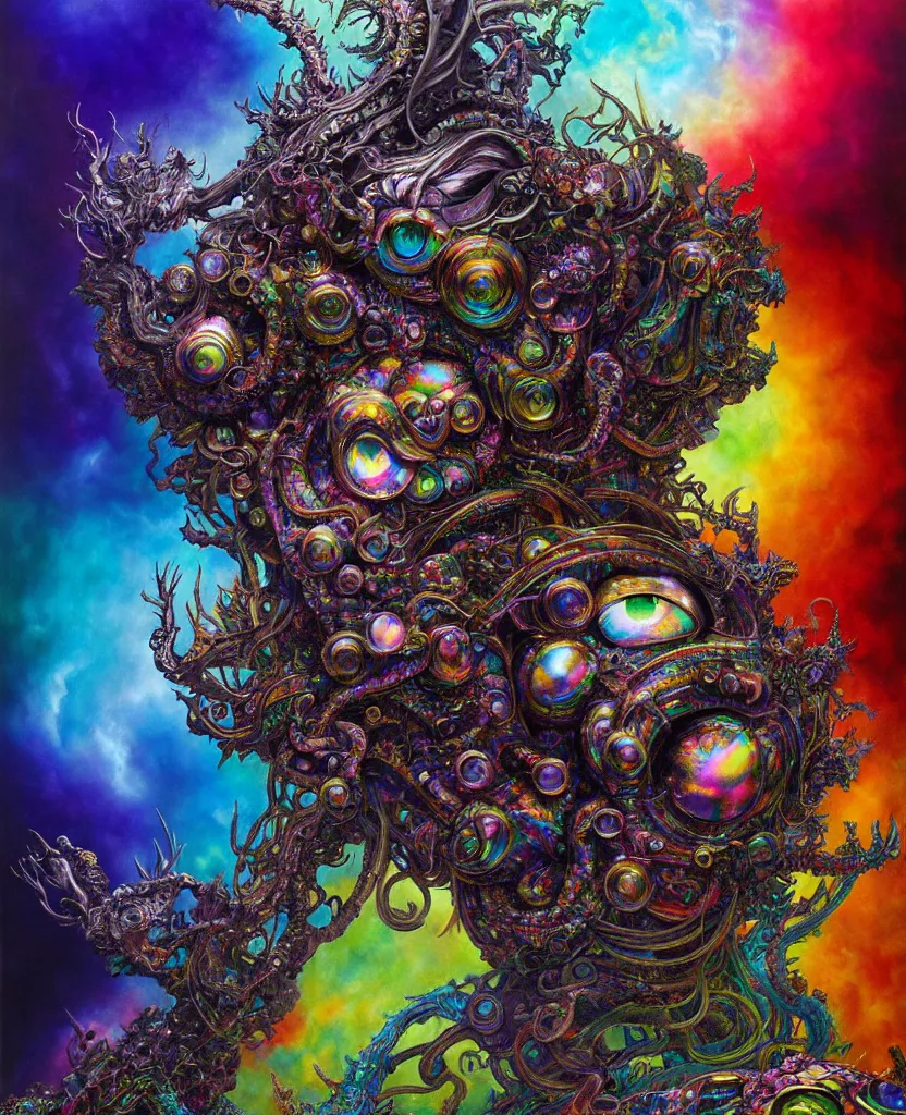 Prompt: realistic detailed image of rainbow iridescent mega god of chaos, depth perception, depth of field, action horror by lisa frank, ayami, karol bak, neo - gothic, gothic, rich deep colors, part by adrian ghenie and gerhard richter. art by yoshitaka amano. masterpiece