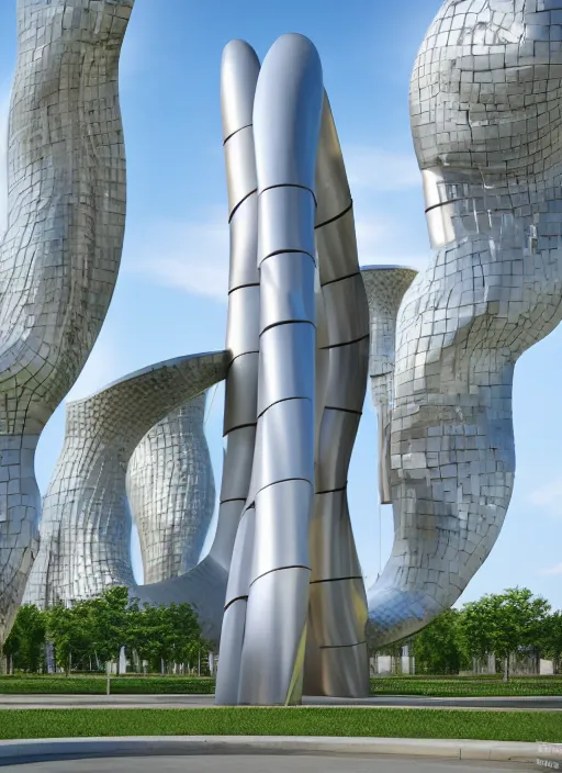 Image similar to highly detailed realistic architecture 3 d render of a futuristic stele monument in frank gehry style standing in city park, archdaily, made in unreal engine 4 octane render