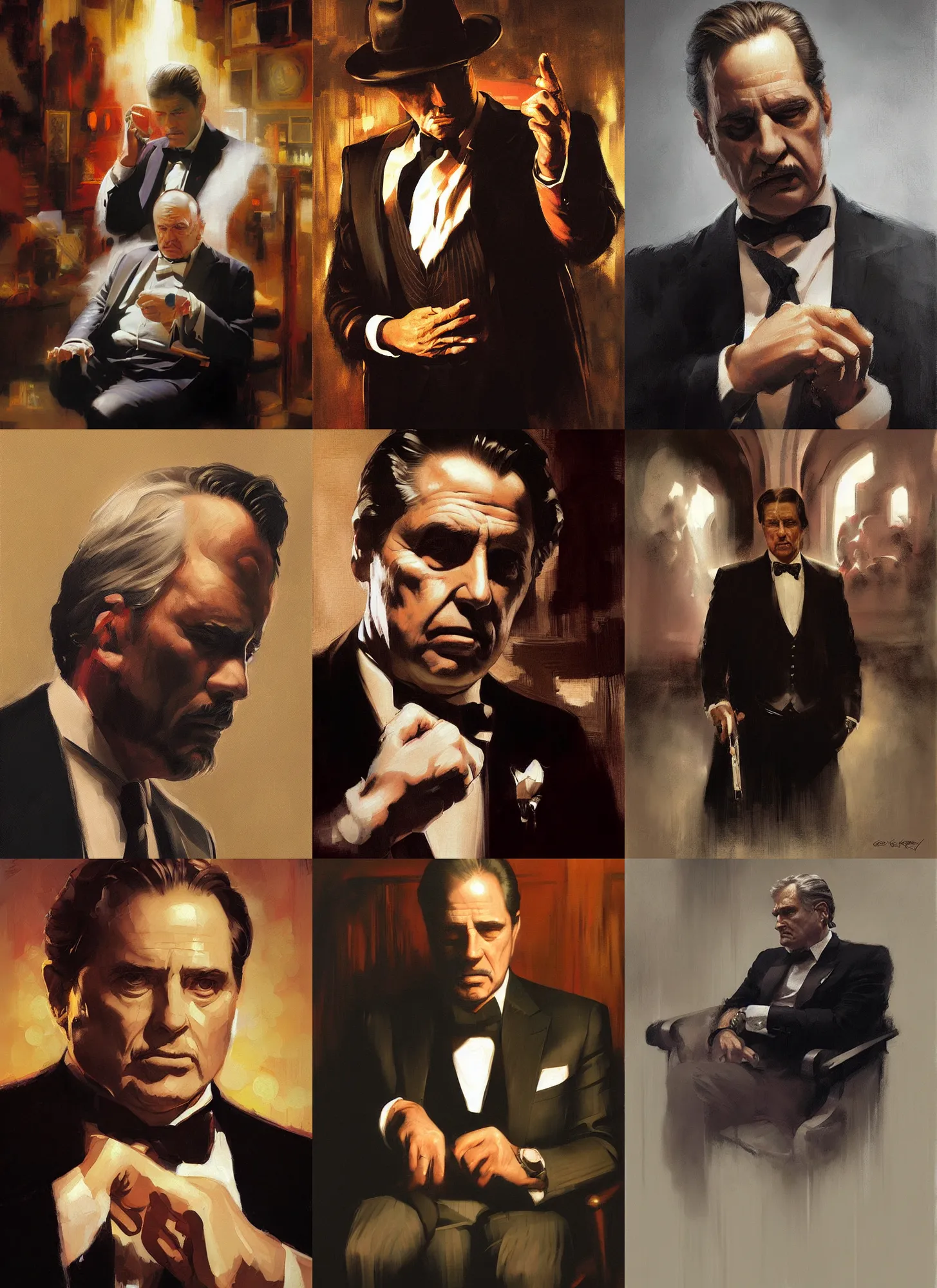 Prompt: painting of kirby as the godfather, by greg rutkowski, by caravaggio