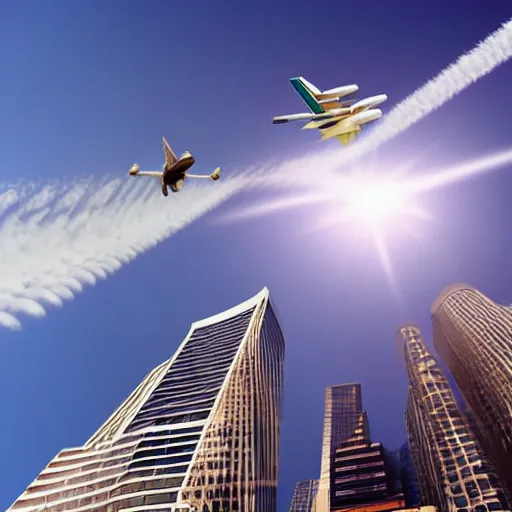 Prompt: horizontal skyscraper falling through the sky as passenger planes intercept