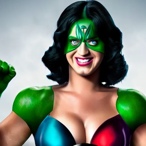 Prompt: katy perry as the hulk. 4k, high detail, high-resolution photograph, professional photography, ultra-detail