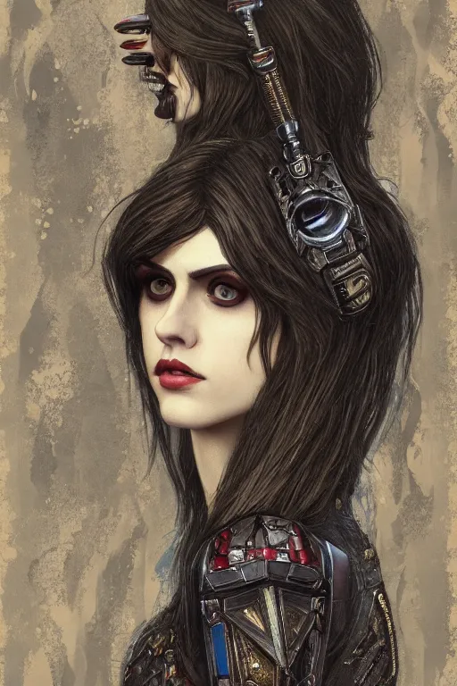 Image similar to portrait of beautiful gothic Alexandra Daddario, cyberpunk, Warhammer, highly detailed, artstation, illustration, art by Gustav Klimt