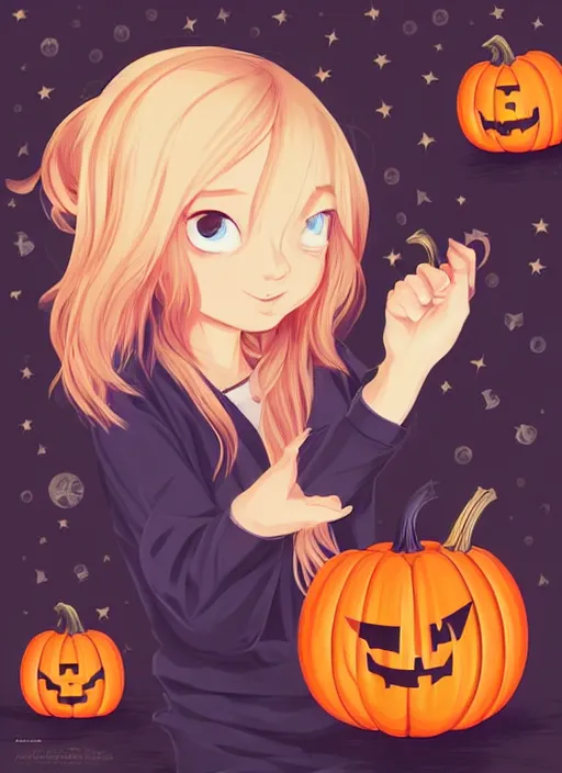 Image similar to little girl with long blonde hair holding a pumpkin. bats in the background. clean cel shaded vector art. shutterstock. behance hd by lois van baarle, artgerm, helen huang, by makoto shinkai and ilya kuvshinov, rossdraws, illustration, art by ilya kuvshinov