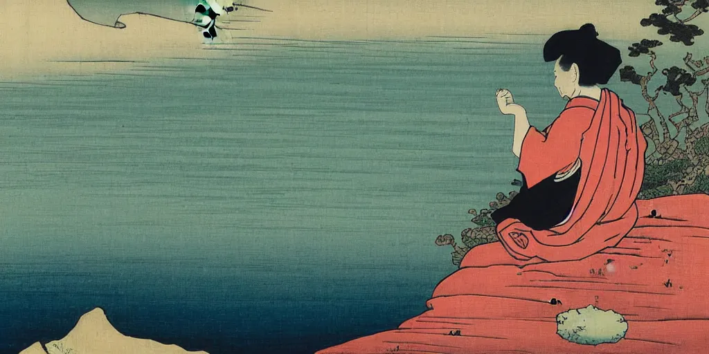 Prompt: a monk sits alone on the cliff ledge in the lotus position looking out onto a vast ocean, by Katsushika Hokusai