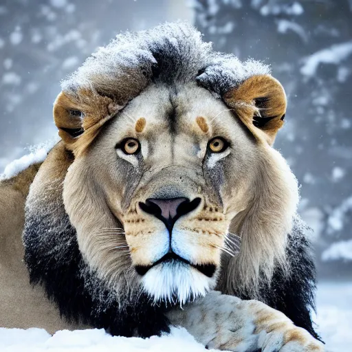 Image similar to a lion in the snow, blizzard,