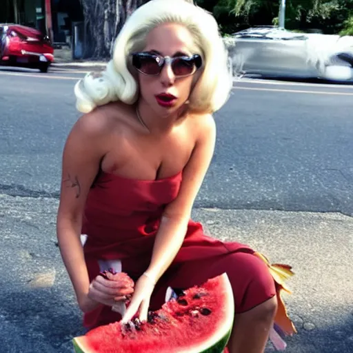 Prompt: lady gaga eating watermelon sitting on the street, lots of flies flying around