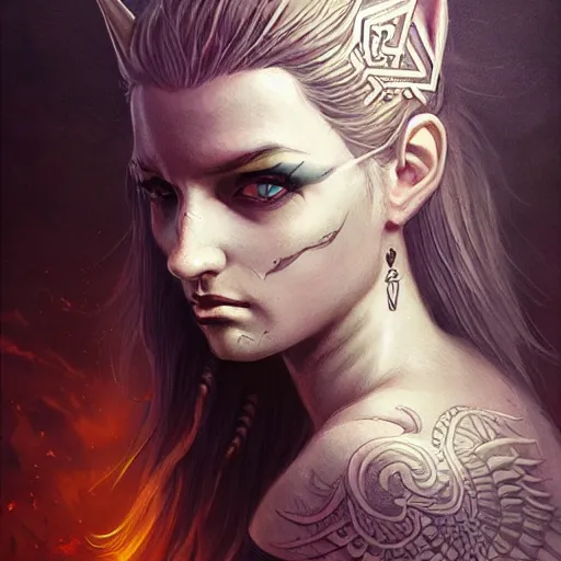 Image similar to goddess portrait, tattoo, unicorn, phoenix head, intricate artwork Tooth Wu, Greg Rutkowski, RPG, dynamic lighting, fantasy art, high contrast, depth of field, high detail, smooth gradients