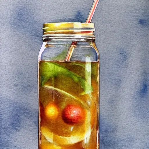 Image similar to Ice Tea in a mason jar, Watercolor, photorealistic, high resolution, award winning, trending on artstation, art poster, art by artgerm