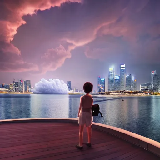 Image similar to Singapore Esplanade Marina Bay city with a lion-shaped cloud in the sky, by greg rutkowski, red and white lighting, digital art, ultra realistic, ultra detailed, photorealistic, 4k, character concept