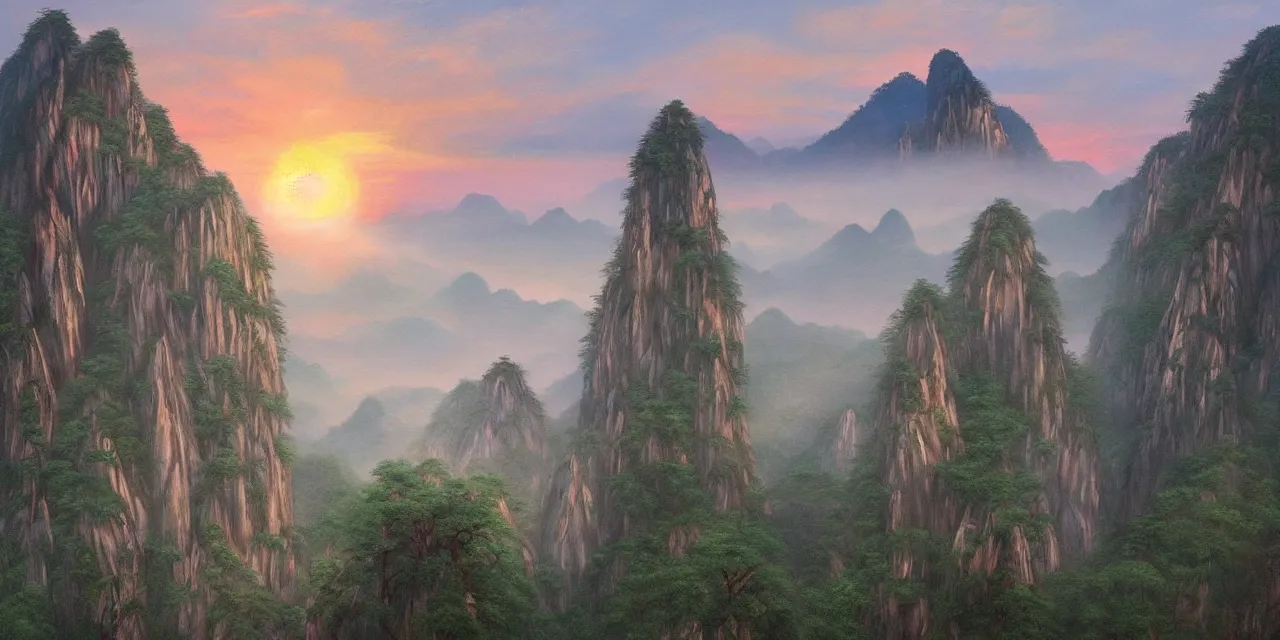 Image similar to sunset over misty huangshan's temples, artwork by archibald thorburn