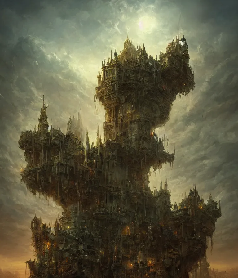 Image similar to a painting of a city castle floating in the air, flying island, sky town, levitating citadel, a matte painting by marc simonetti, deviantart, fantasy art, lush world above a vast apocalypse landscape, matte painting, apocalypse utopia art, sharp detail, ultrarealistic
