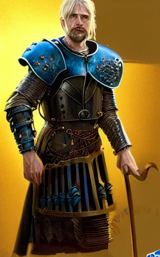 Image similar to highly detailed concept art of a rugged young knight with blonde hair and blue eyes and a short beard wearing a blue shirt over chain mail and steel pauldrons and a yellow cape and leather boots holding a shield and a warpick, concept art by Greg Rutkowski, realistic, masterpiece, ArtStation