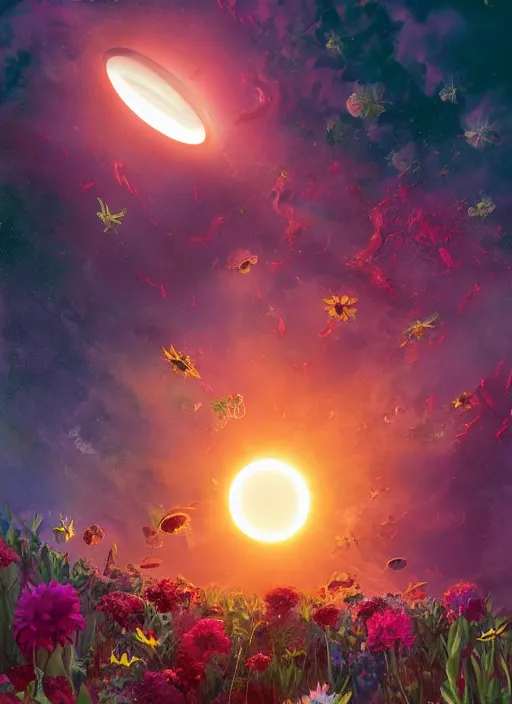 Image similar to An epic fantastic realism comic book style painting of the most beautiful flowers launched into space, bouquets, solar eclipse, fisheye, unreal 5, DAZ, hyperrealistic, octane render, dynamic lighting