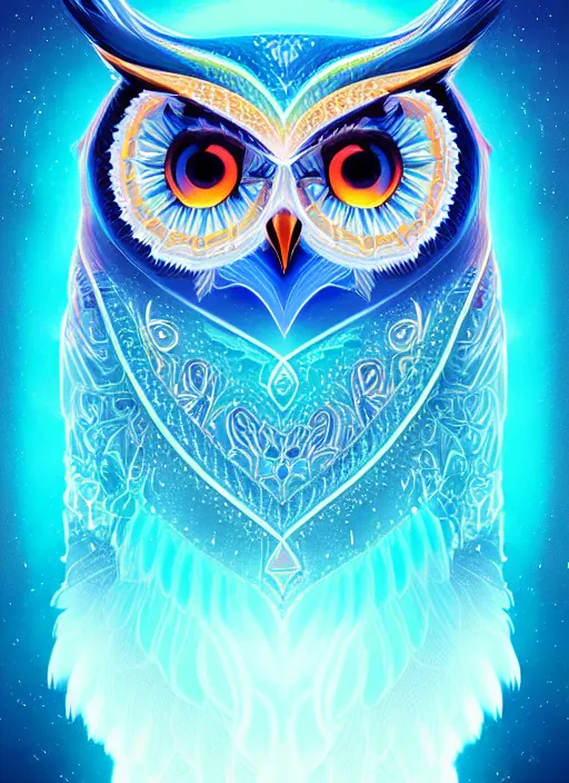 Image similar to symmetry!! product render poster vivid colors divine proportion owl, ice and snow, glowing fog intricate, elegant, highly detailed, digital painting, artstation, concept art, smooth, sharp focus, illustration,