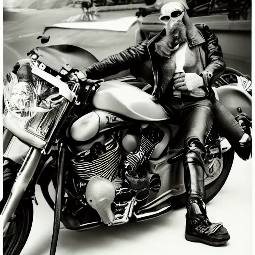 Prompt: suggestive kermit the frog leaning against a motorcycle. gq magazine photograph.