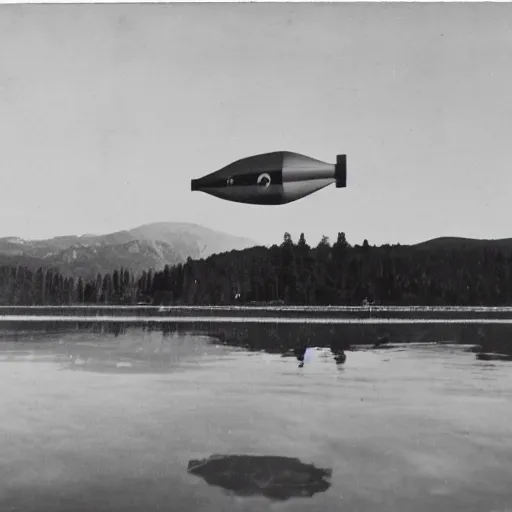 Prompt: vintage photo of a rocketship landing next to a lake
