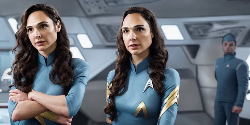 Image similar to Gal Gadot, in a Starfleet uniform, and Tribbles, Tribbles and more Tribbles in a scene in the next Star Trek movie