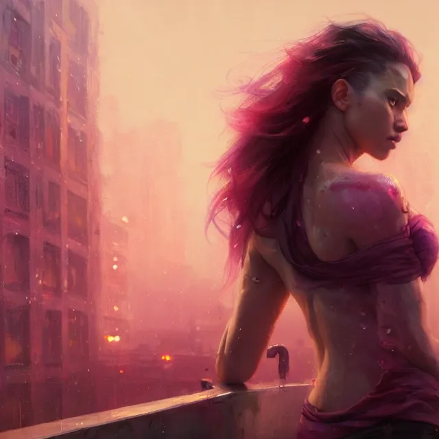 Image similar to epic portrait cinematic shot an beautiful female survivor wearing pink t shirt, shiny skin, wet flowing hair, apocalyptic city backround, cloudy, fine details. night setting. realistic shaded lighting poster by craig mullism, artgerm, jeremy lipkin and michael garmash, unreal engine, radiant light, detailed and intricate environment, digital art, trending on art station,