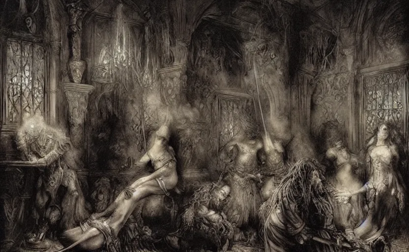 Prompt: The night of the 5 murderous sorcerers, horror scene, highly detailded. By Rembrandt and Luis Royo