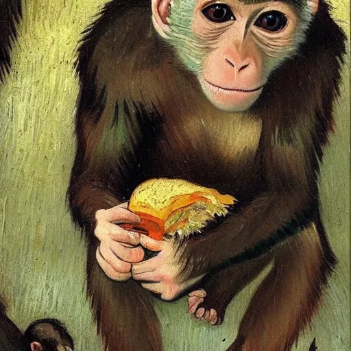 Prompt: a beautiful oil painting of a beautiful young monkey eating a rat sandwich , 8k , award winning , made in 1800's , old , painted by vincent van gogh