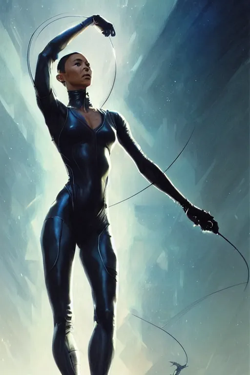 Image similar to young jada pinkett smith as aeon flux profile picture by Greg Rutkowski, the matrix, white hair, dynamic pose, intricate, futuristic, fantasy, elegant, by Stanley Artgerm Lau, greg rutkowski, thomas kindkade, alphonse mucha, loish, norman Rockwell,